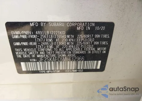 2021 Subaru Forester Premium из США, поврежденный, VIN JF2SKAFC6MH432966